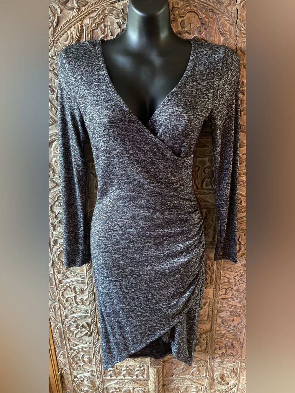 Women's Charcoal Wrap-Style Long Sleeve Dress